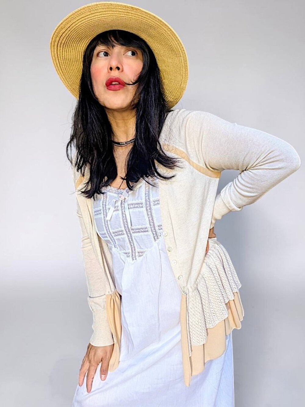 Anthropologie neutral beige ruffle layered fairy prairie cottage cardigan W's M